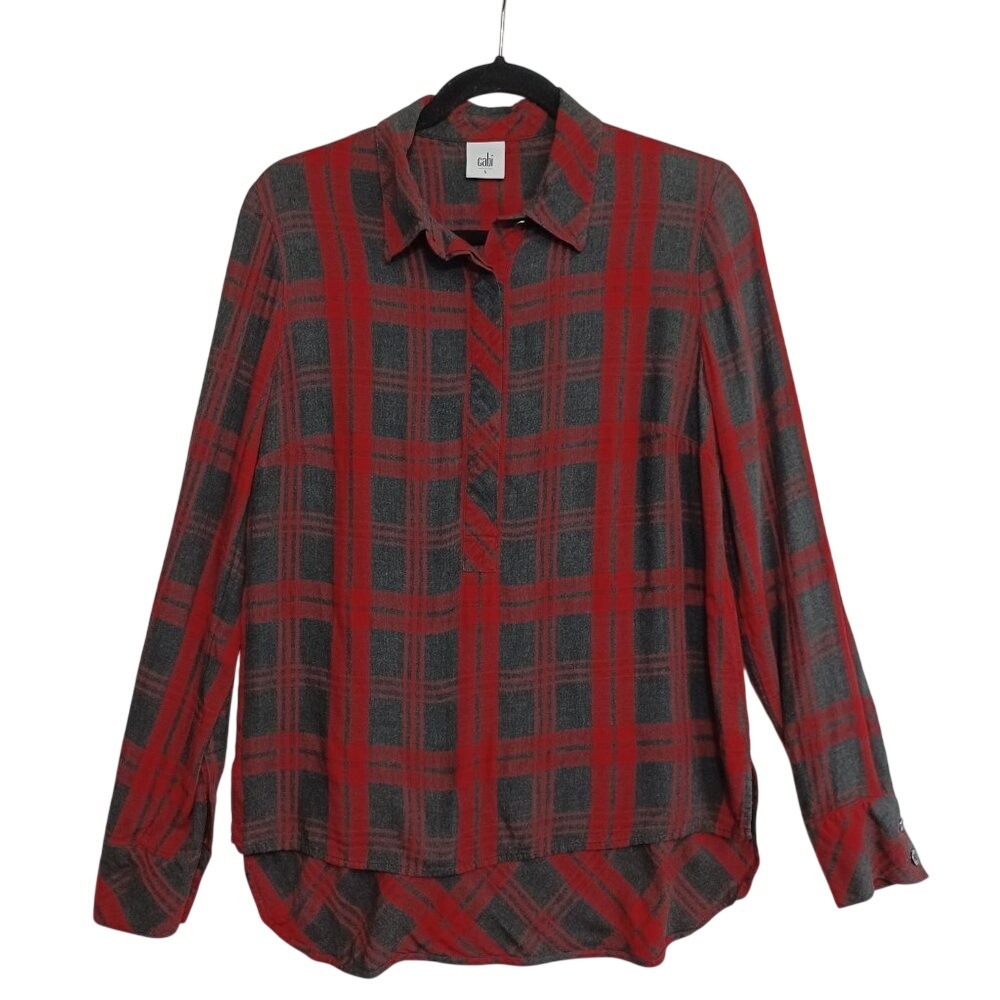 Cabi Shirt Womens Small Plaid Cunningham #3587 Red Gray Soft Rayon Long Sleeves